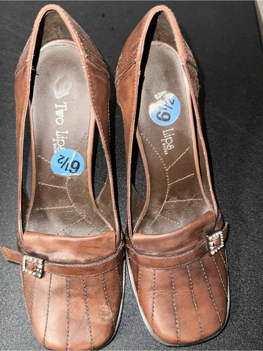Two Lips Brown Leather Mary Jane Heels with Buckle